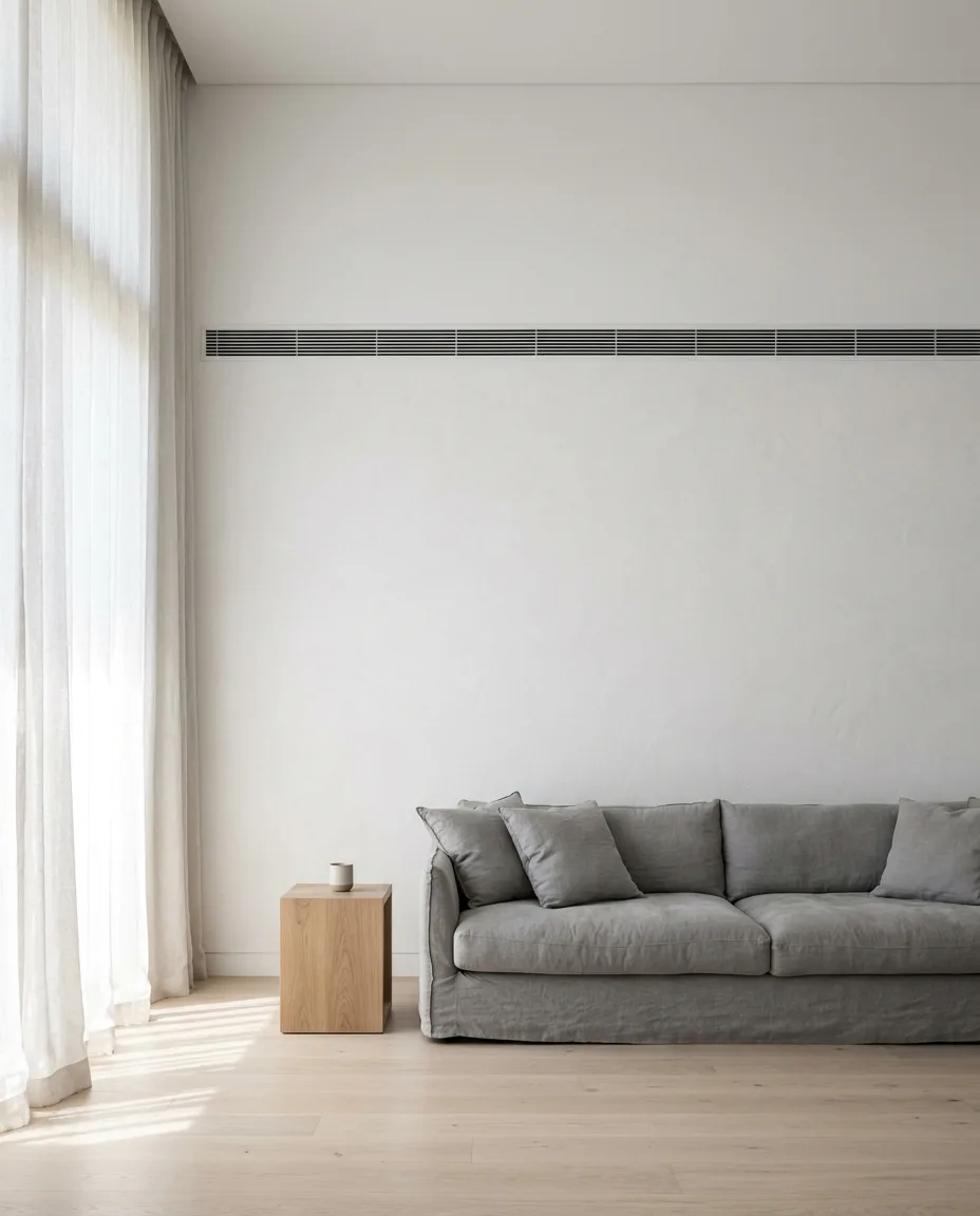 Minimal living room with a grey linen sofa, oak side table and pale timber floor. A long linear supply grille runs high across the white plaster wall, with sheer curtains diffusing daylight from the left.