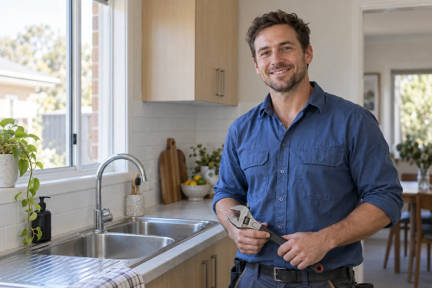 Concept plumber beside a kitchen sink in a bright residential home
