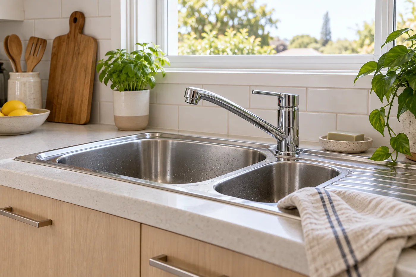 Leaking kitchen tap — illustrative residential setting