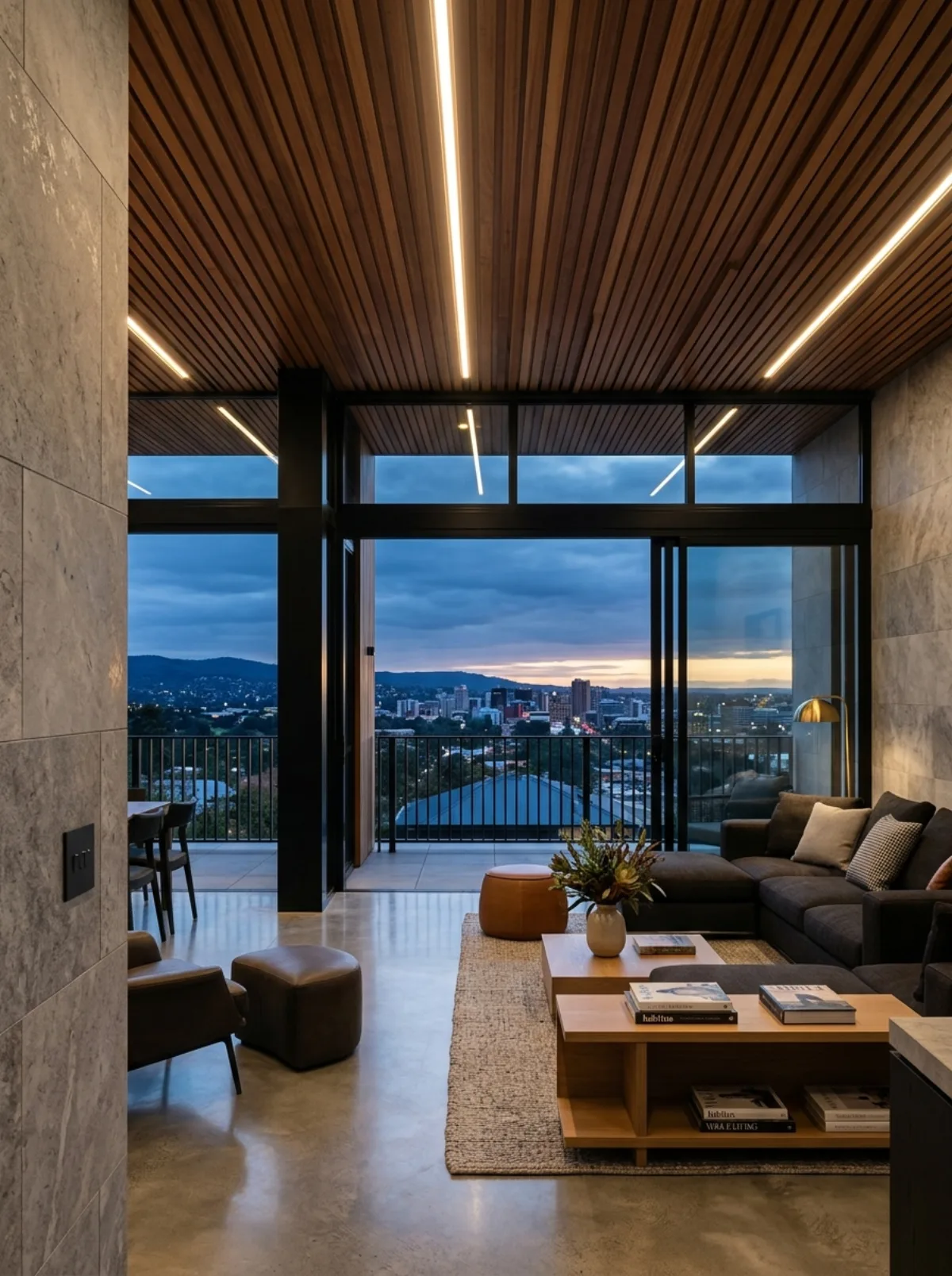 Refined contemporary Adelaide residential interior with recessed linear ceiling lighting and twilight views