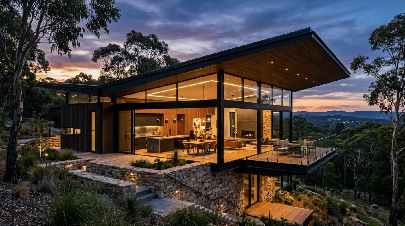 Hillside Residence: cantilevered roof, floor-to-ceiling glass, and warm architectural lighting at dusk in Adelaide Hills