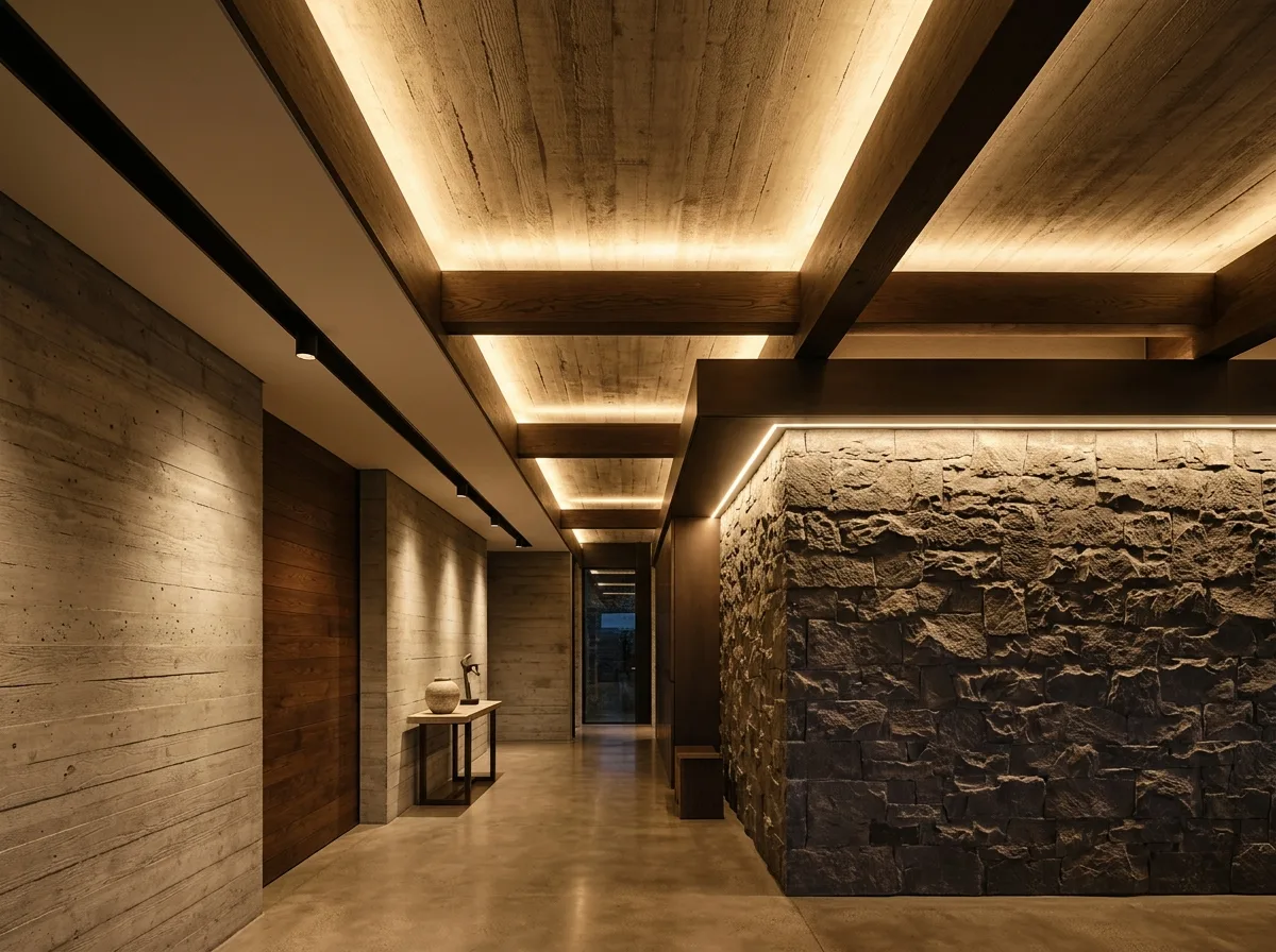 Refined architectural layered lighting highlighting board-formed concrete and stone feature walls