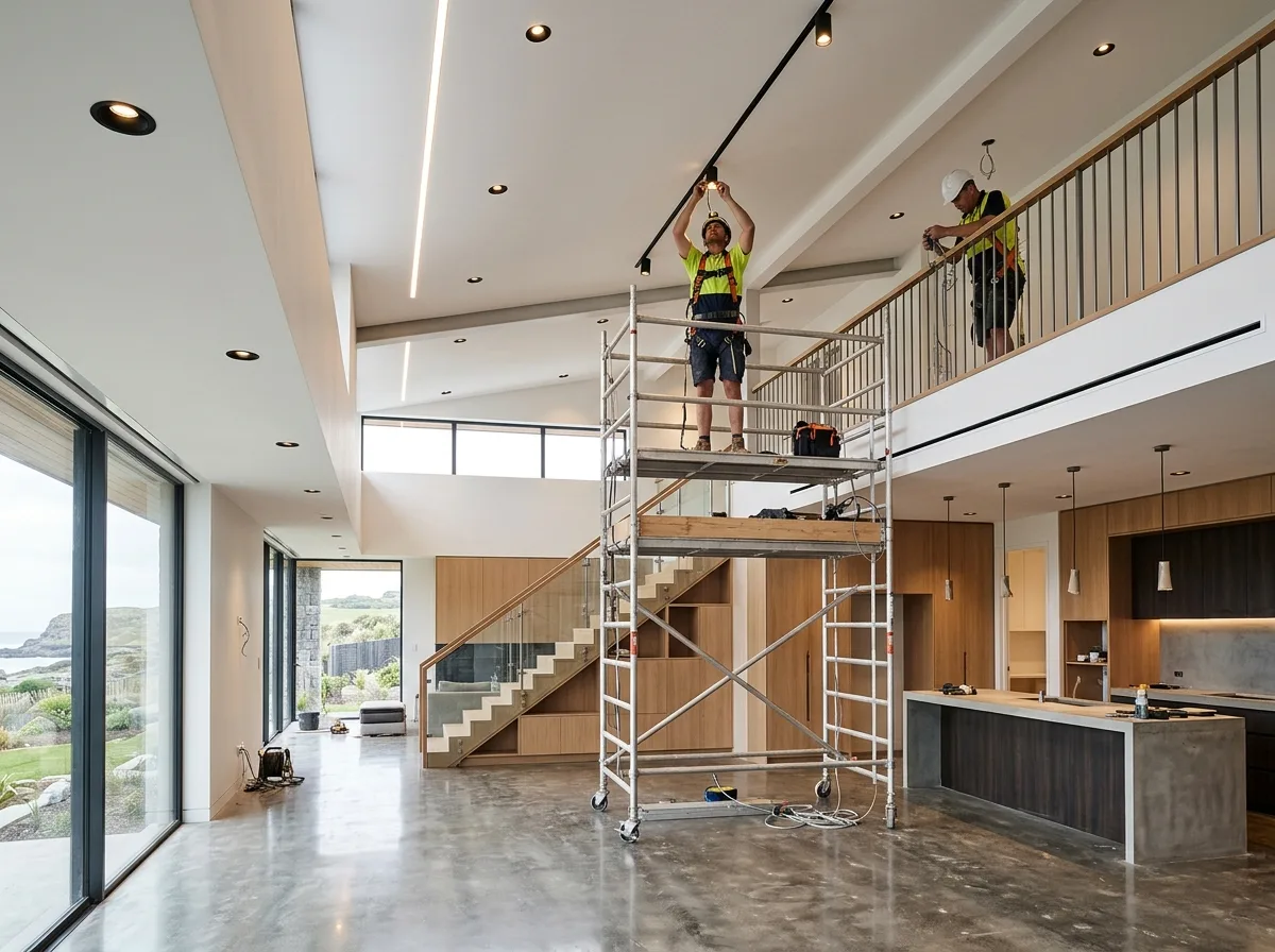 Custom architectural new home during lighting fit-off with precision recessed downlights and track profiles