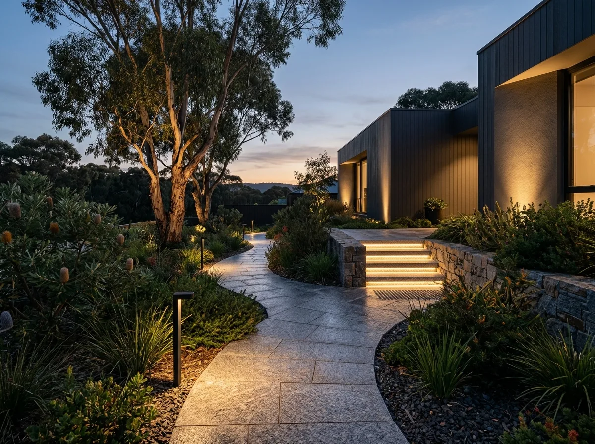 Contemporary Adelaide landscaped garden with subtle low-glare bollards and stone step lighting