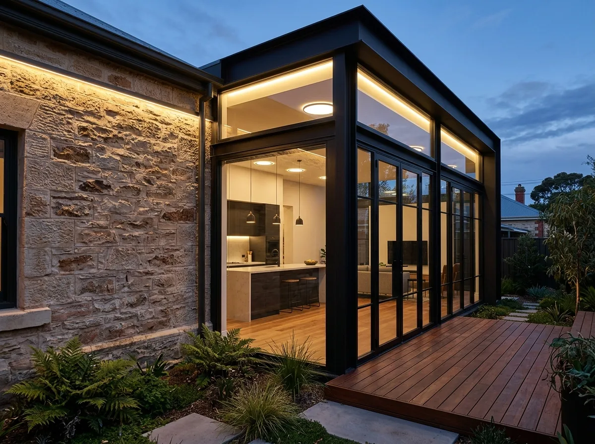 Adelaide sandstone home renovation meeting modern black-framed architectural extension at dusk