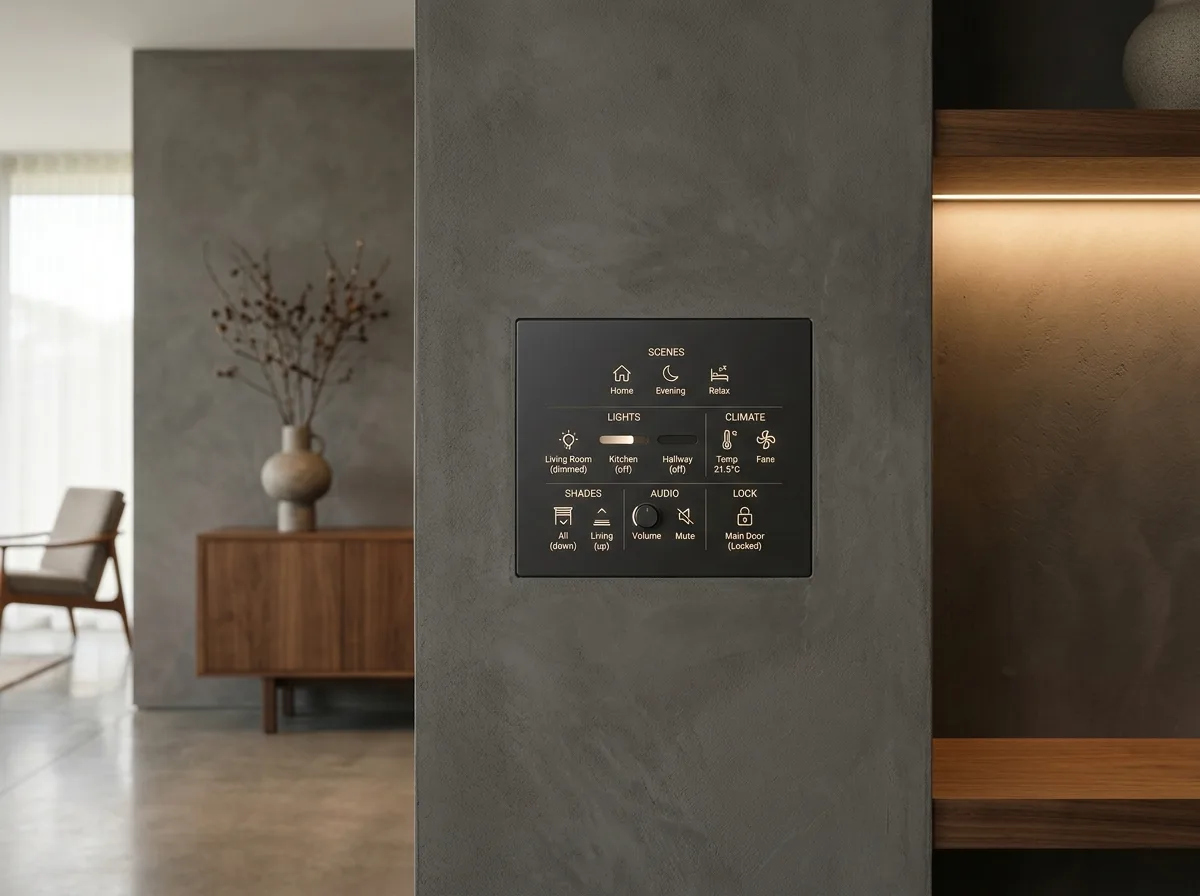 Minimalist dark charcoal flush smart home wall keypad on microcement interior wall