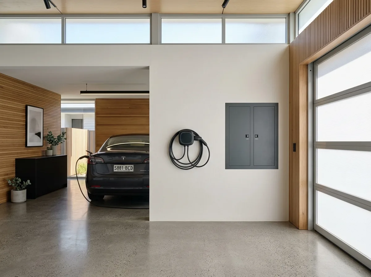 Clean modern residential garage with recessed switchboard and matte black EV wallbox charger