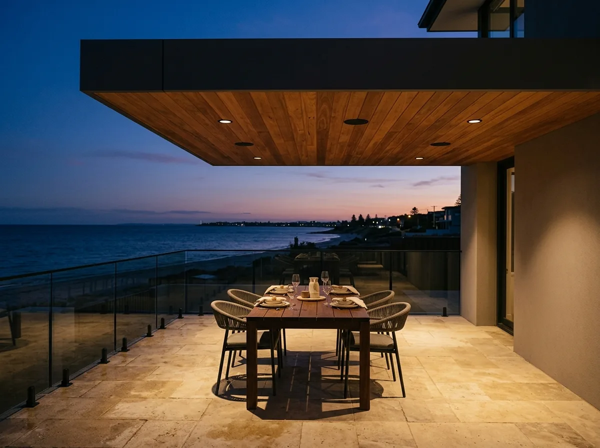 Brighton coastal home alfresco terrace with marine-grade recessed downlights at twilight