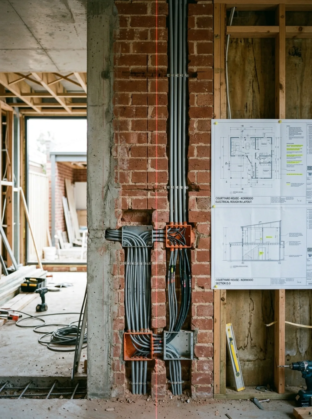 Norwood Courtyard House rough-in installation with laser-aligned conduit chasing in brickwork