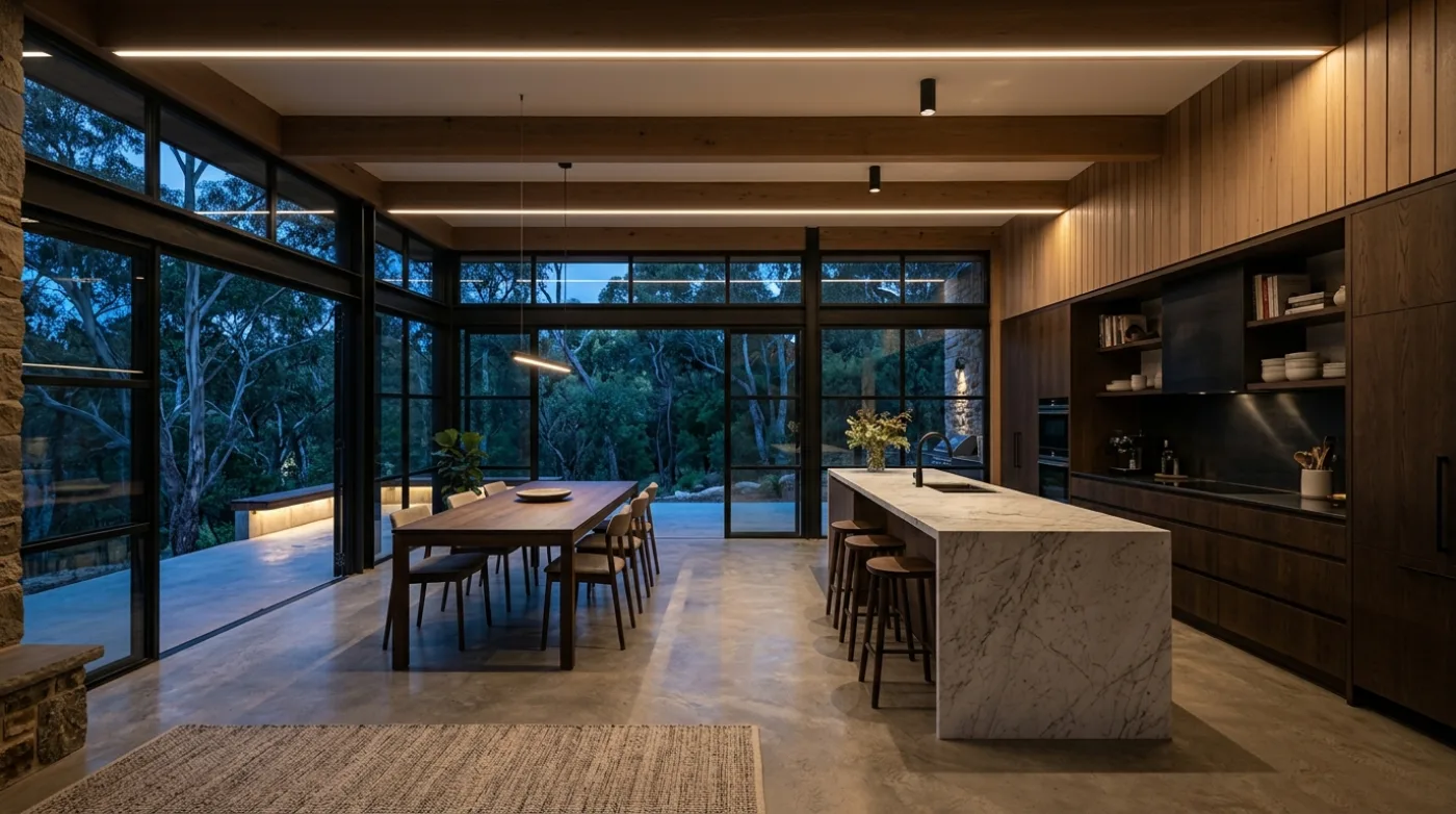 Hillside Residence open-plan kitchen and dining with recessed continuous linear ceiling light