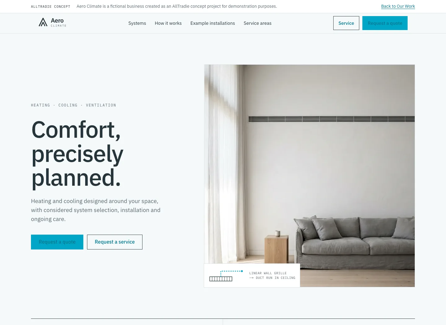Actual Aero Climate homepage with its architectural hero, a linear wall grille above a grey sofa, and a cyan request-a-quote control